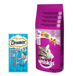 Karma dla kota WHISKAS Wołowina 14 kg + Przysmak dla kota DREAMIES Meaty Sticks z Łososiem 30 g