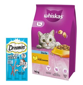 Karma dla kota WHISKAS Sterile Kurczak 14 kg + Przysmak dla kota DREAMIES Meaty Sticks z Łososiem 30 g