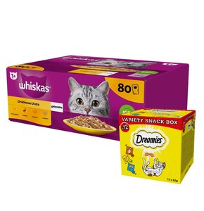 Karma dla kota WHISKAS Drobiowe smaki (80 x 85 g) + Przysmak dla kota DREAMIES Mix smaków (12 x 60 g)