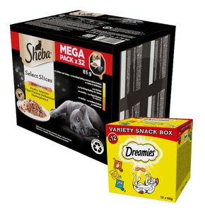 Karma dla kota SHEBA Select Slices Drobiowe smaki (32 x 85 g) + Przysmak dla kota DREAMIES Mix smaków (12 x 60 g)