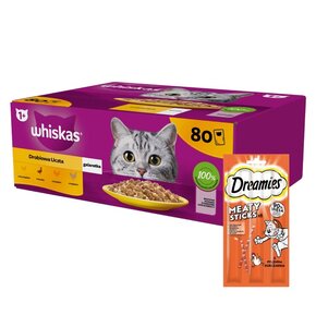 Karma dla kota WHISKAS Drobiowe smaki (80 x 85 g) + Przysmak dla kota DREAMIES Meaty Sticks Kurczak 30 g