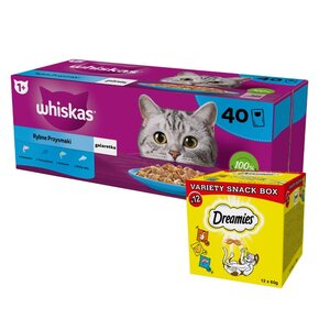 Karma dla kota WHISKAS Rybne Przysmaki (40 x 85 g) + Przysmak dla kota DREAMIES Mix smaków (12 x 60 g)