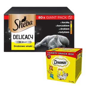 Karma dla kota SHEBA Drobiowe smaki (80 x 85 g) + Przysmak dla kota DREAMIES Mix smaków (12 x 60 g)