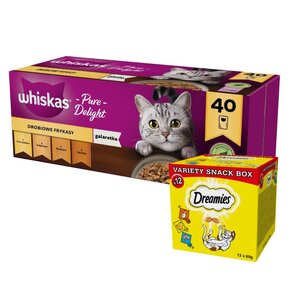 Karma dla kota WHISKAS Drobiowe smaki (40 x 85 g) + Przysmak dla kota DREAMIES Mix smaków (12 x 60 g)