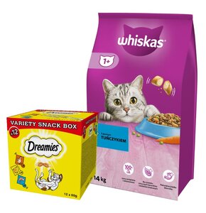 Karma dla kota WHISKAS Tuńczyk z warzywami 14 kg + Przysmak dla kota DREAMIES Mix smaków (12 x 60 g)