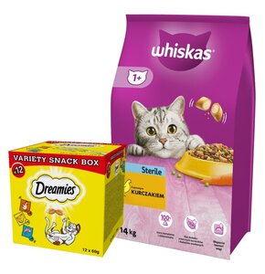 Karma dla kota WHISKAS Sterile Kurczak 14 kg + Przysmak dla kota DREAMIES Mix smaków (12 x 60 g)