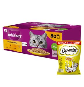Karma dla kota WHISKAS Drobiowe smaki (80 x 85 g) + Przysmak dla kota DREAMIES Żółty ser 180 g