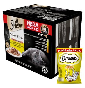 Karma dla kota SHEBA Select Slices Drobiowe smaki (32 x 85 g) + Przysmak dla kota DREAMIES Żółty ser 180 g