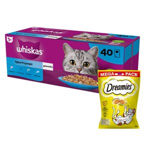 Karma dla kota WHISKAS Rybne Przysmaki (40 x 85 g) + Przysmak dla kota DREAMIES Żółty ser 180 g