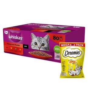 Karma dla kota WHISKAS Mix smaków (80 x 85 g) + Przysmak dla kota DREAMIES Żółty ser 180 g