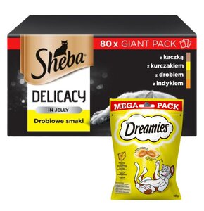 Karma dla kota SHEBA Drobiowe smaki (80 x 85 g) + Przysmak dla kota DREAMIES Żółty ser 180 g