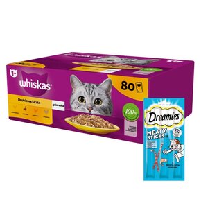 Karma dla kota WHISKAS Drobiowe smaki (80 x 85 g) + Przysmak dla kota DREAMIES Meaty Sticks z Łososiem 30 g