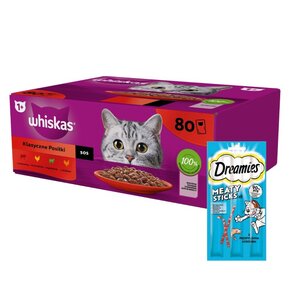 Karma dla kota WHISKAS Mix smaków (80 x 85 g) + Przysmak dla kota DREAMIES Meaty Sticks z Łososiem 30 g