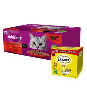 Karma dla kota WHISKAS Mix smaków (80 x 85 g) + Przysmak dla kota DREAMIES Mix smaków (12 x 60 g)