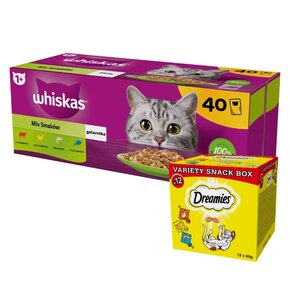 Karma dla kota WHISKAS Mix Smaków (40 x 85 g) + Przysmak dla kota DREAMIES Mix smaków (12 x 60 g)
