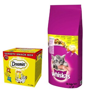Karma dla kota WHISKAS Junior Kurczak 14 kg + Przysmak dla kota DREAMIES Mix smaków (12 x 60 g)