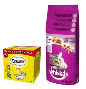 Karma dla kota WHISKAS Wołowina 14 kg + Przysmak dla kota DREAMIES Mix smaków (12 x 60 g)