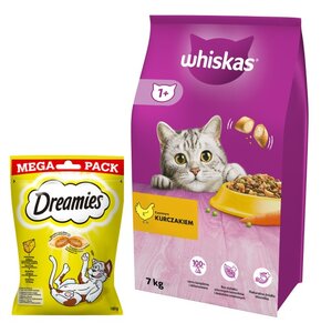 Karma dla kota WHISKAS Kurczak 7 kg + Przysmak dla kota DREAMIES Żółty ser 180 g