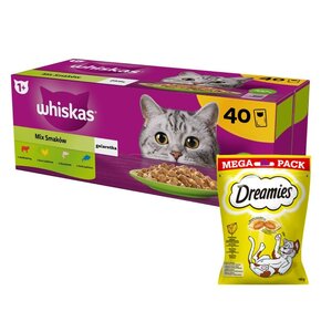 Karma dla kota WHISKAS Mix Smaków (40 x 85 g) + Przysmak dla kota DREAMIES Żółty ser 180 g
