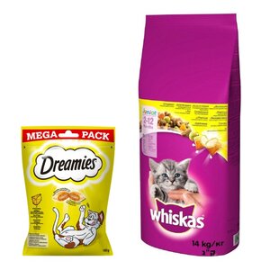 Karma dla kota WHISKAS Junior Kurczak 14 kg + Przysmak dla kota DREAMIES Żółty ser 180 g