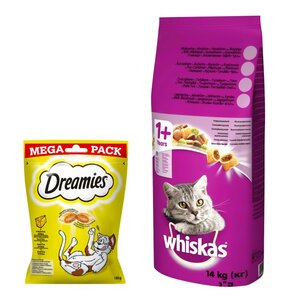 Karma dla kota WHISKAS Wołowina 14 kg + Przysmak dla kota DREAMIES Żółty ser 180 g