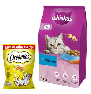 Karma dla kota WHISKAS Tuńczyk z warzywami 14 kg + Przysmak dla kota DREAMIES Żółty ser 180 g