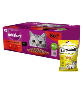Karma dla kota WHISKAS Mix smaków (80 x 85 g) + Przysmak dla kota DREAMIES Żółty ser 60 g