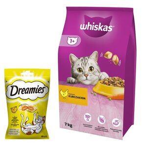 Karma dla kota WHISKAS Kurczak 7 kg + Przysmak dla kota DREAMIES Żółty ser 60 g