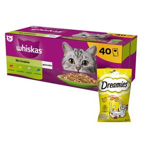 Karma dla kota WHISKAS Mix Smaków (40 x 85 g) + Przysmak dla kota DREAMIES Żółty ser 60 g