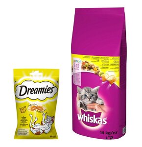 Karma dla kota WHISKAS Junior Kurczak 14 kg + Przysmak dla kota DREAMIES Żółty ser 60 g