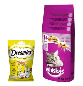 Karma dla kota WHISKAS Wołowina 14 kg + Przysmak dla kota DREAMIES Żółty ser 60 g