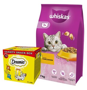 Karma dla kota WHISKAS Kurczak 7 kg + Przysmak dla kota DREAMIES Mix smaków (12 x 60 g)