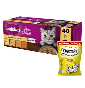 Karma dla kota WHISKAS Drobiowe smaki (40 x 85 g) + Przysmak dla kota DREAMIES Żółty ser 180 g