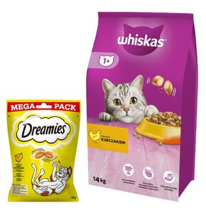 Karma dla kota WHISKAS Kurczak 14 kg + Przysmak dla kota DREAMIES Żółty ser 180 g