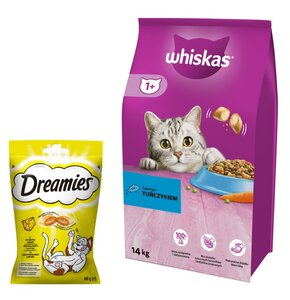 Karma dla kota WHISKAS Tuńczyk z warzywami 14 kg + Przysmak dla kota DREAMIES Żółty ser 60 g