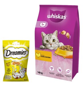 Karma dla kota WHISKAS Kurczak 14 kg + Przysmak dla kota DREAMIES Żółty ser 60 g