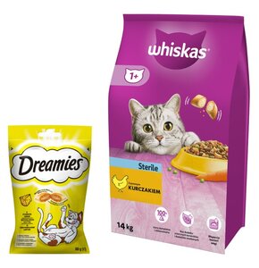 Karma dla kota WHISKAS Sterile Kurczak 14 kg + Przysmak dla kota DREAMIES Żółty ser 60 g