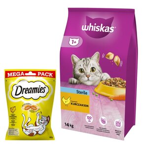 Karma dla kota WHISKAS Sterile Kurczak 14 kg + Przysmak dla kota DREAMIES Żółty ser 180 g