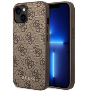 Etui GUESS 4G Metal Gold Logo do Apple iPhone 15 Plus Brązowy