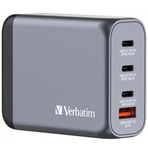 Ładowarka sieciowa VERBATIM GNC-100 GaN 100W + Adapter EU/UK/US Szary