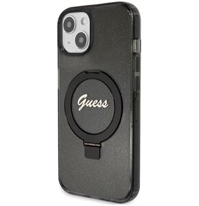 Etui GUESS Ring Stand Script Glitter MagSafe do Apple iPhone 15 Czarny