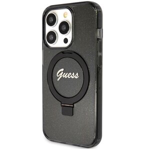 Etui GUESS Ring Stand Script Glitter MagSafe do Apple iPhone 15 Pro Max Czarny