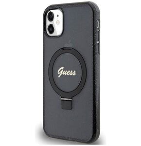 Etui GUESS Ring Stand Script Glitter MagSafe do Apple iPhone 11 Czarny