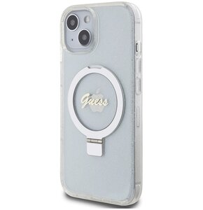 Etui GUESS Ring Stand Script Glitter MagSafe do Apple iPhone 15 Przezroczysty