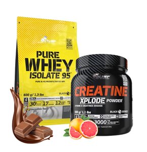 Odżywka białkowa OLIMP Pure Whey Isolate 95 Czekoladowy (600 g) + Kreatyna OLIMP Xplode Powder Grejpfrutowy (500 g)