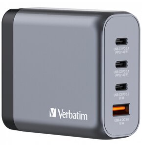 Ładowarka sieciowa VERBATIM GNC-140 GaN 140W + Adapter EU/UK/US Szary