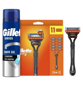 Golarka GILLETTE Fusion5 + 11 ostrzy + Żel do golenia GILLETTE Series z węglem aktywnym 200 ml