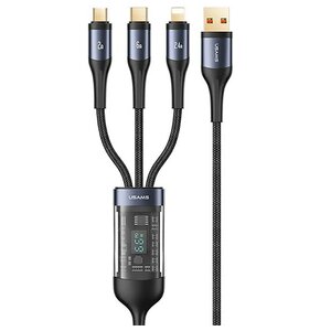 Kabel USB-C - USB-C/Micro USB/Lightning USAMS SJ582USB01 z wyświetlaczem LCD 66W 1.2 m Czarny