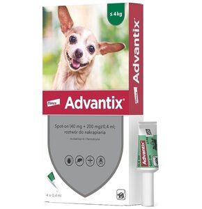 Krople na pchły i kleszcze BAYER Advantix Spot-on Bardzo małe psy (do 4 kg) 4 x 0.4 ml