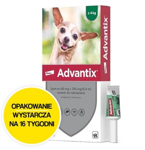 Krople na pchły i kleszcze ELANCO Advantix Spot-on Bardzo małe psy (do 4 kg) 4 x 0.4 ml Ochrona przez 16 tygodni
